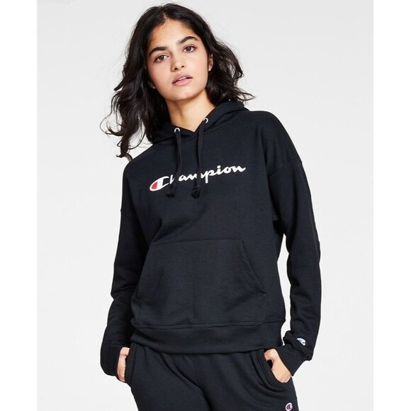 Champion Women's Relaxed Logo Fleece Pullover Sweatshirt Hoodie Black Large - Picture 1 of 3